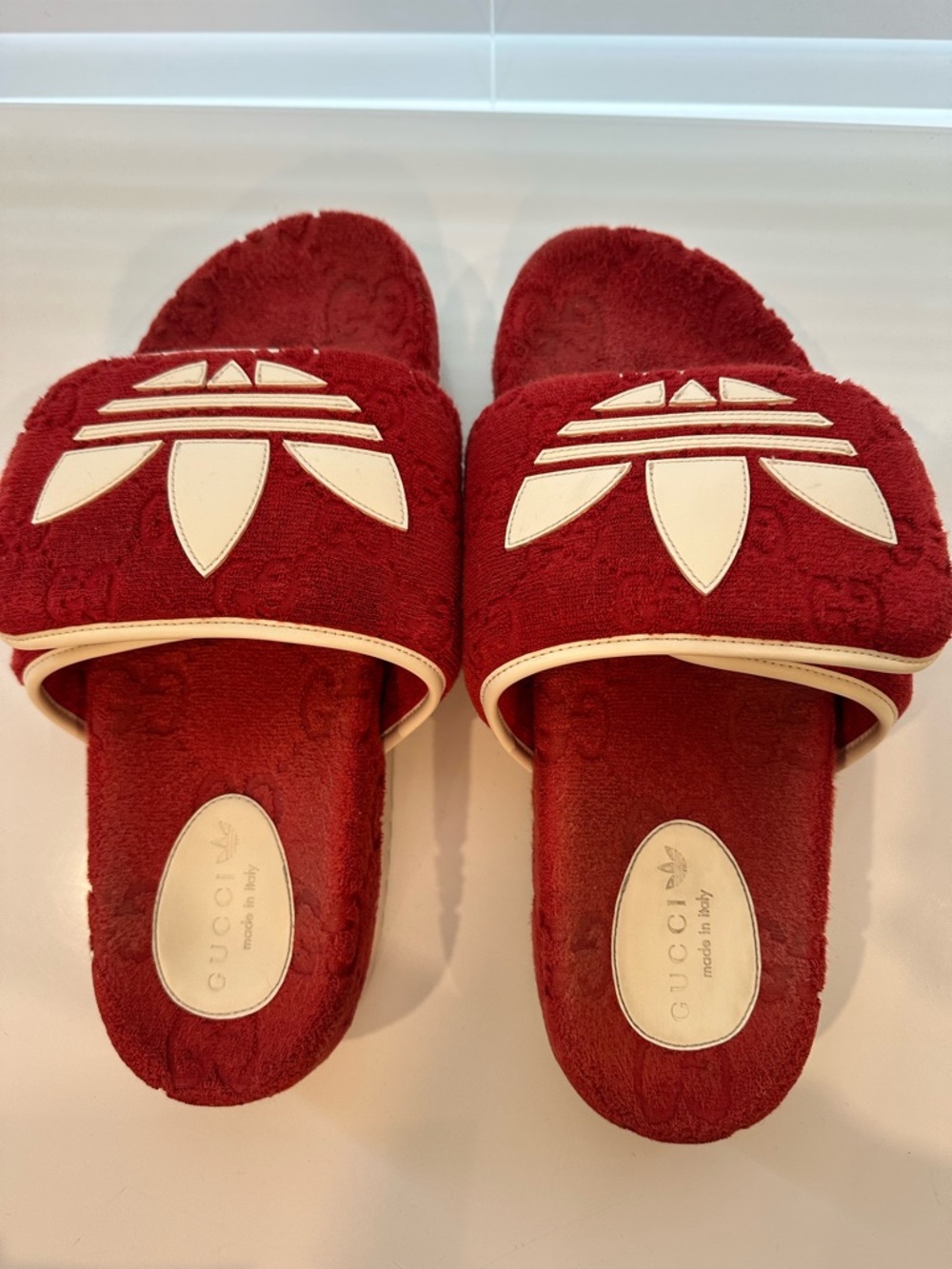 Gucci x Adidas Maple Red Terry Cloth Slides. 
size 11